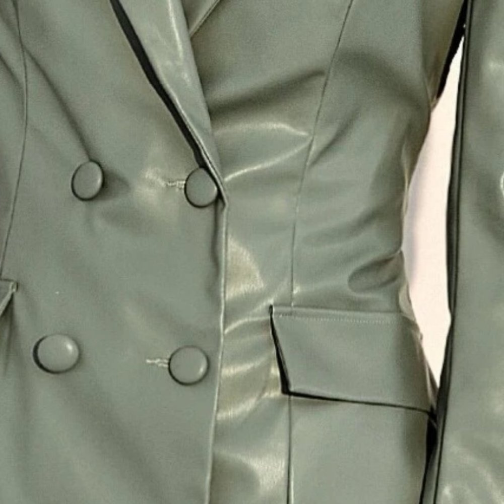 GREEN PU LEATHER DOUBLE BREASTED BACK LACING BLAZER DRESS TRENDING COLOR CHIC - Picture 6 of 6